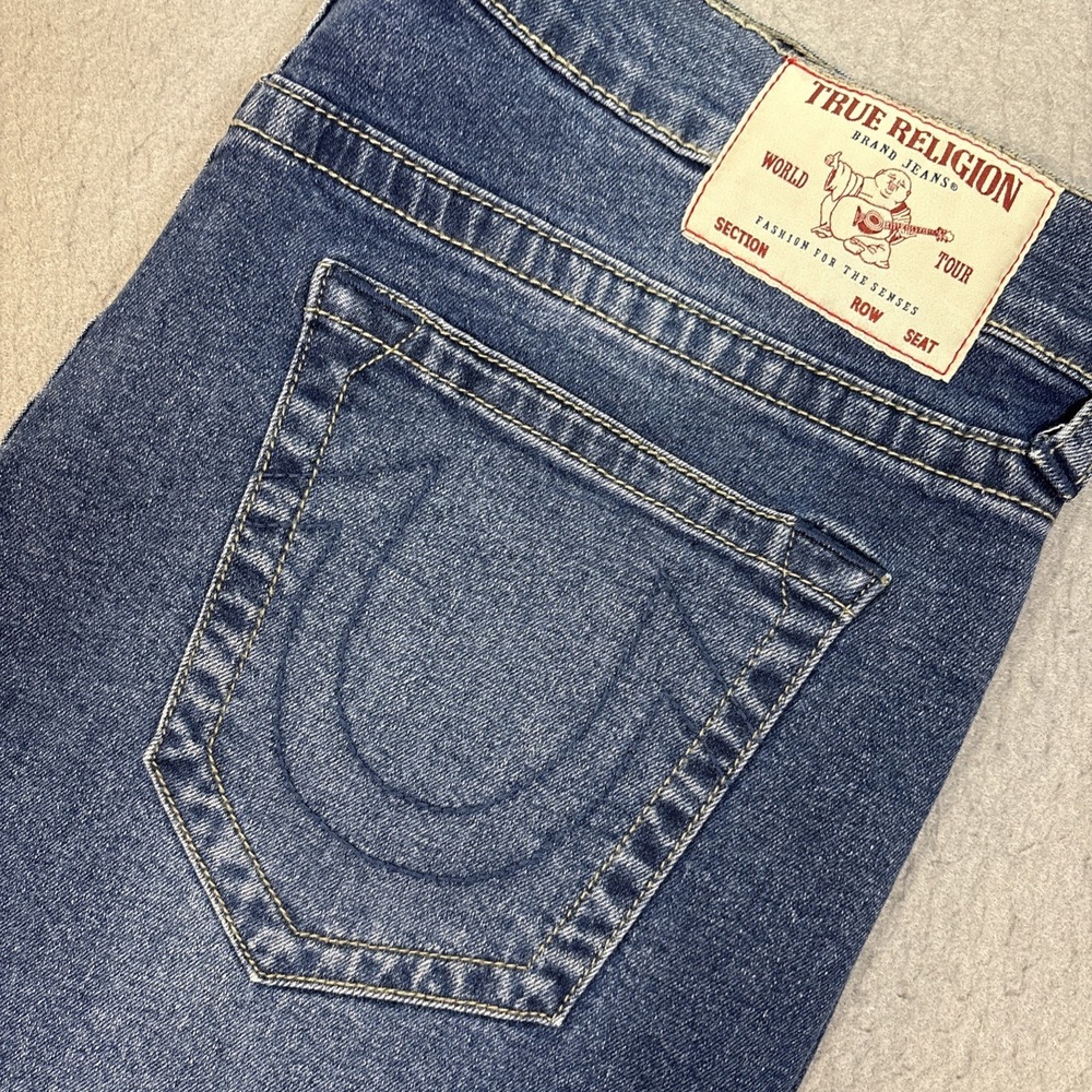 True Religion Men Ricky Relaxed Straight Blue Denim Jean Logo Size 36 (38x34)
